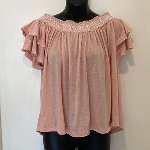 Muche Muchette Peach Top with Ruffled Sleeve and Ruching Size Medium/Large